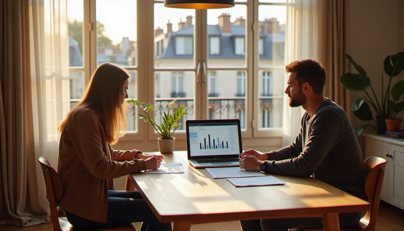 Un couple compare des offres d'assurances Meilleurtaux en ligne dans un appartement parisien, documents et ordinateur posés sur la table